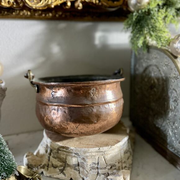 Antique Medium Copper Cauldron Handle Apple Butter Kettle Stock Pot Brass - Picture 5 of 10